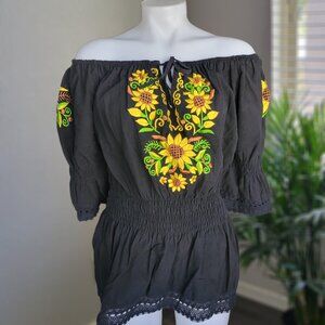 Embroidered Mexican Blouse Top Peasant Puebla Cotton Floral Black Hippie Size XL
